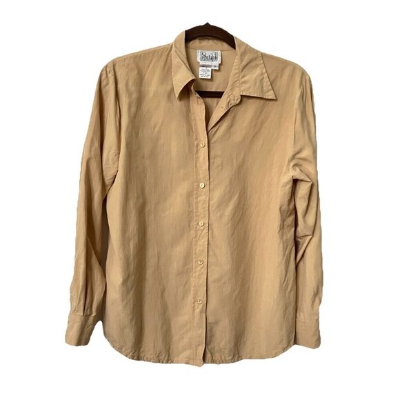 Vintage Tops - Vintage Script Silk Shirt Womens 8 Yellow Long Sleeve Button Up Neutral Minimal